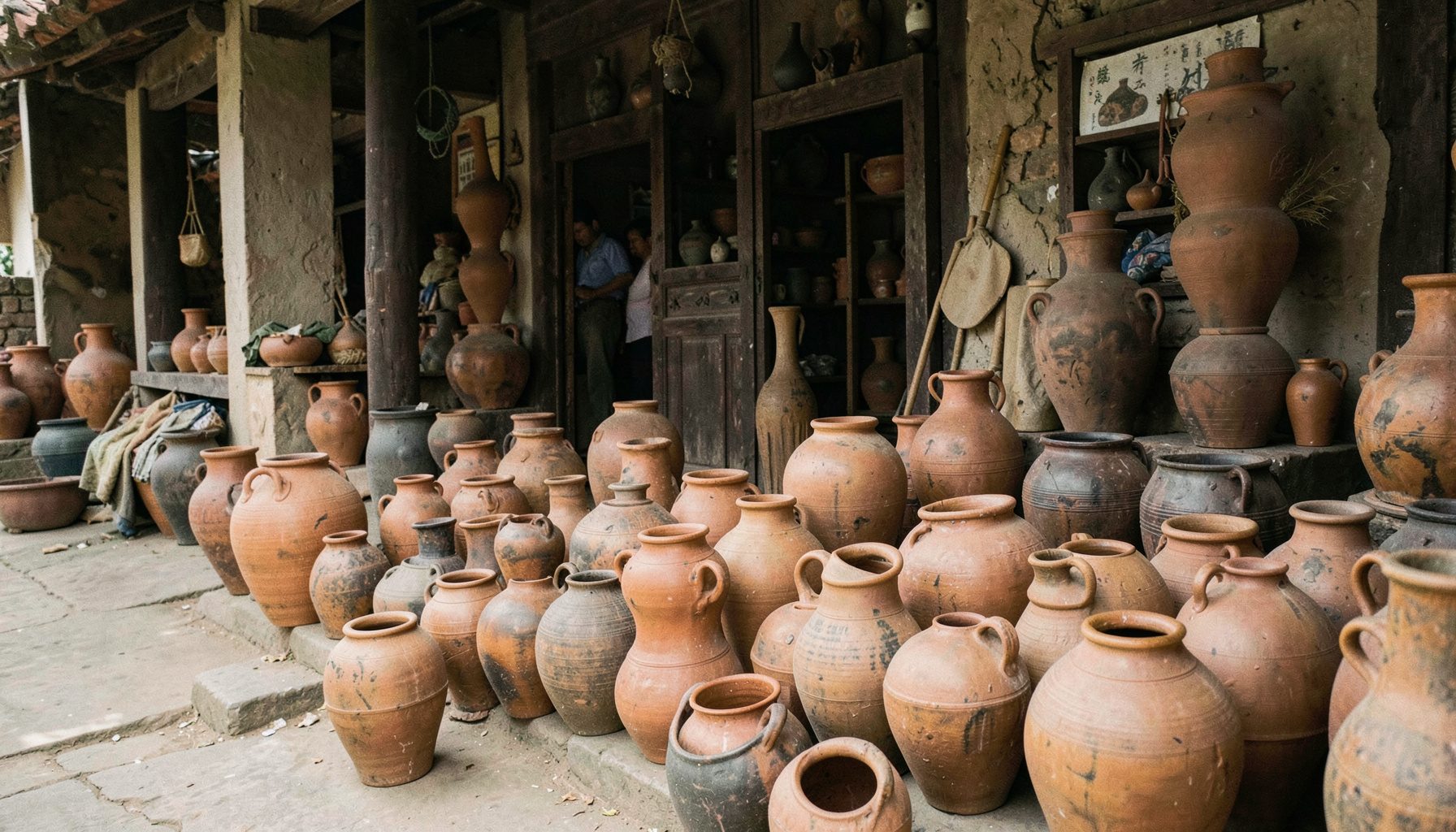 Rows of terracotta pottery and ceramic vases displayed outside a traditional craft workshop, warm earthy browns and ochres
